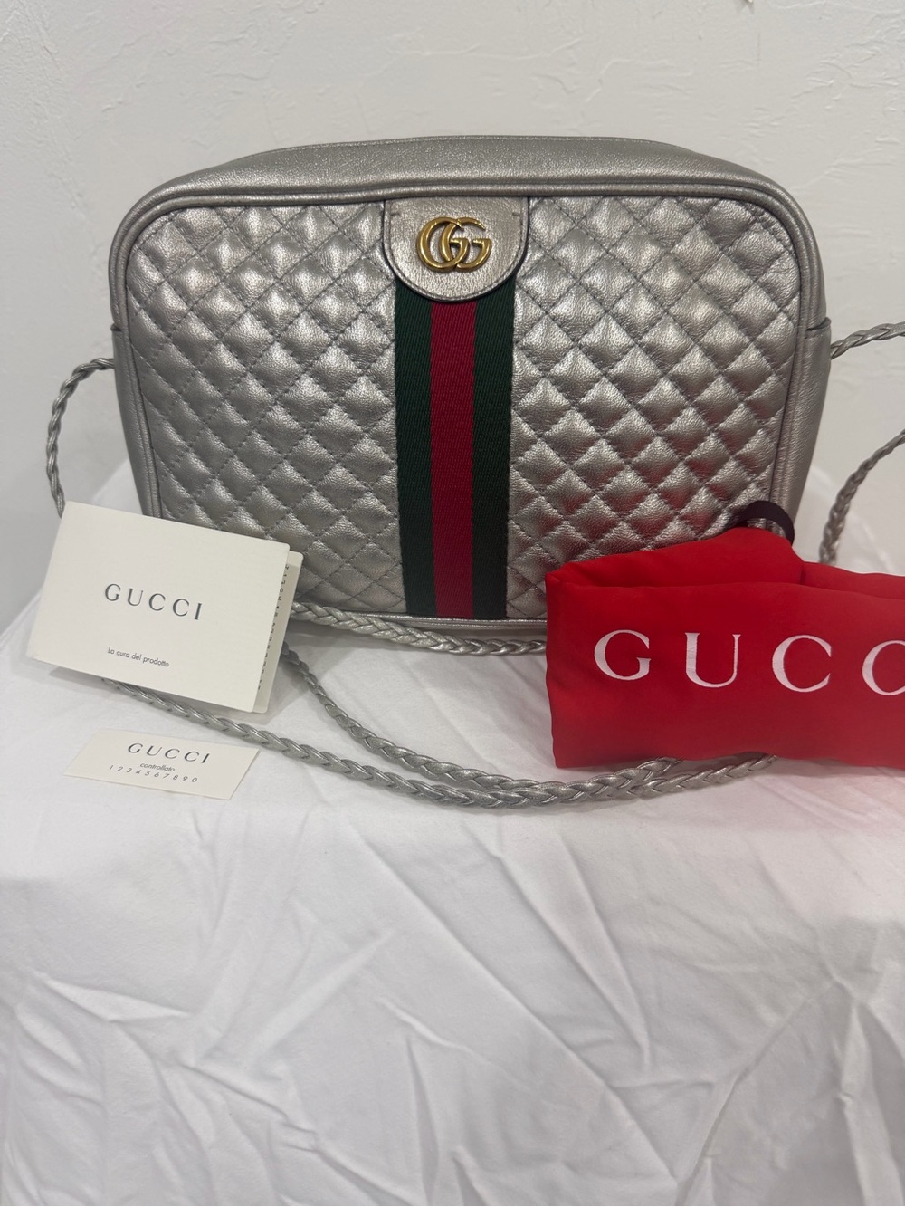 Gucci Silver Quilted Leather Crossbody with Green-Red Stripe